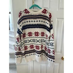 Vintage Fair Isle White Red Navy Cotton Crewneck Long Sleeve Sweater